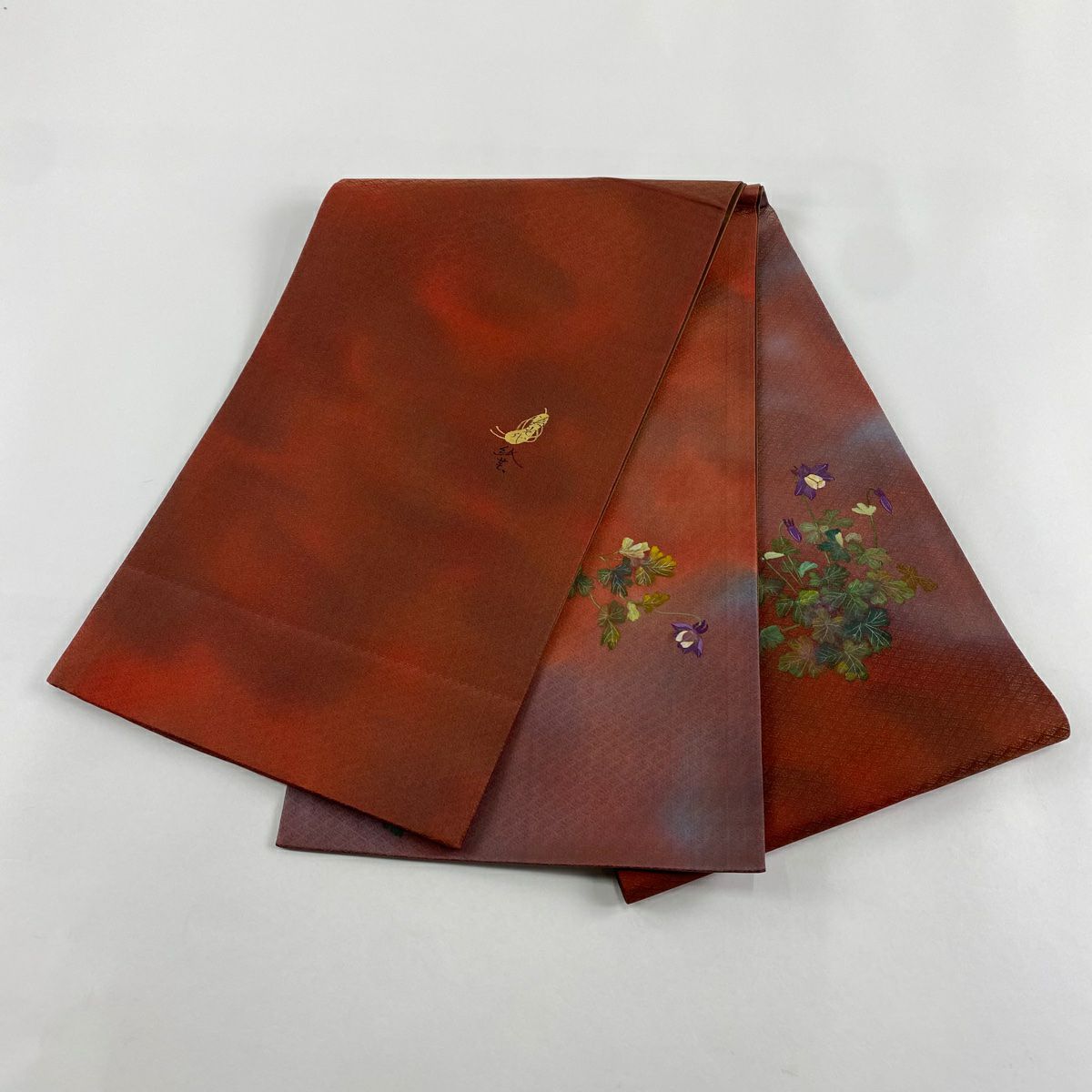 【美品】 袋帶 秀品級 草花紋紋 金絲 紅茶 お太鼓圖案 純蠶絲