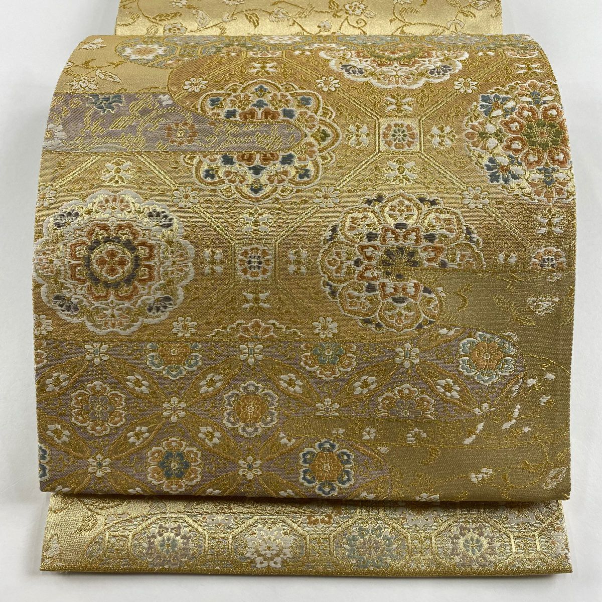【美品】 袋帶 秀品級 霞蜀江華紋 金絲 金金箔 金色 大鼓圖案 純蠶絲