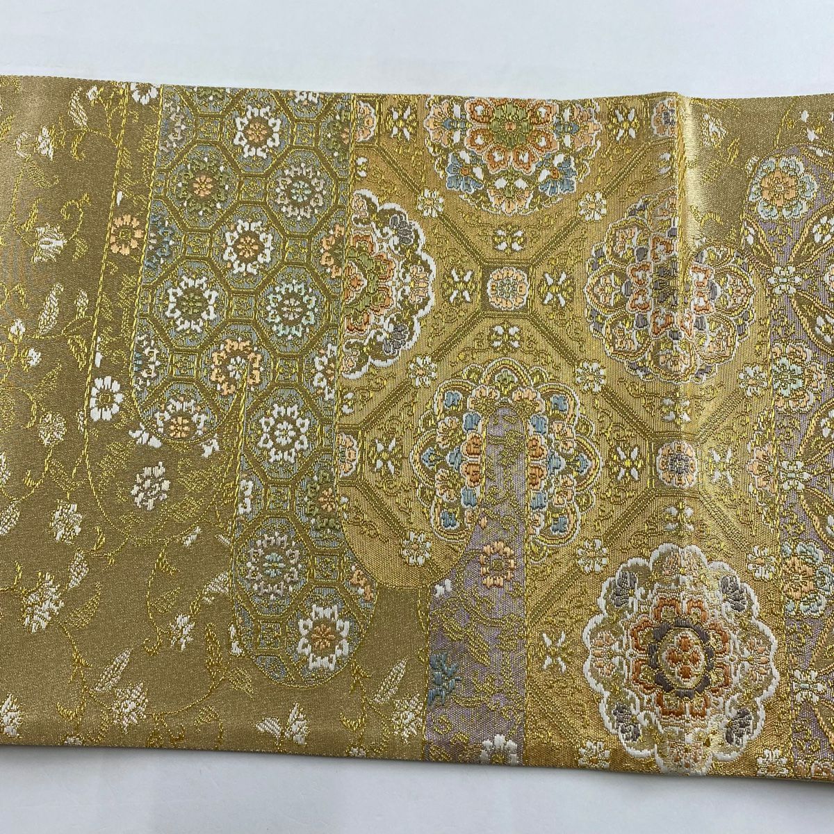 【美品】 袋帶 秀品級 霞蜀江華紋 金絲 金金箔 金色 大鼓圖案 純蠶絲