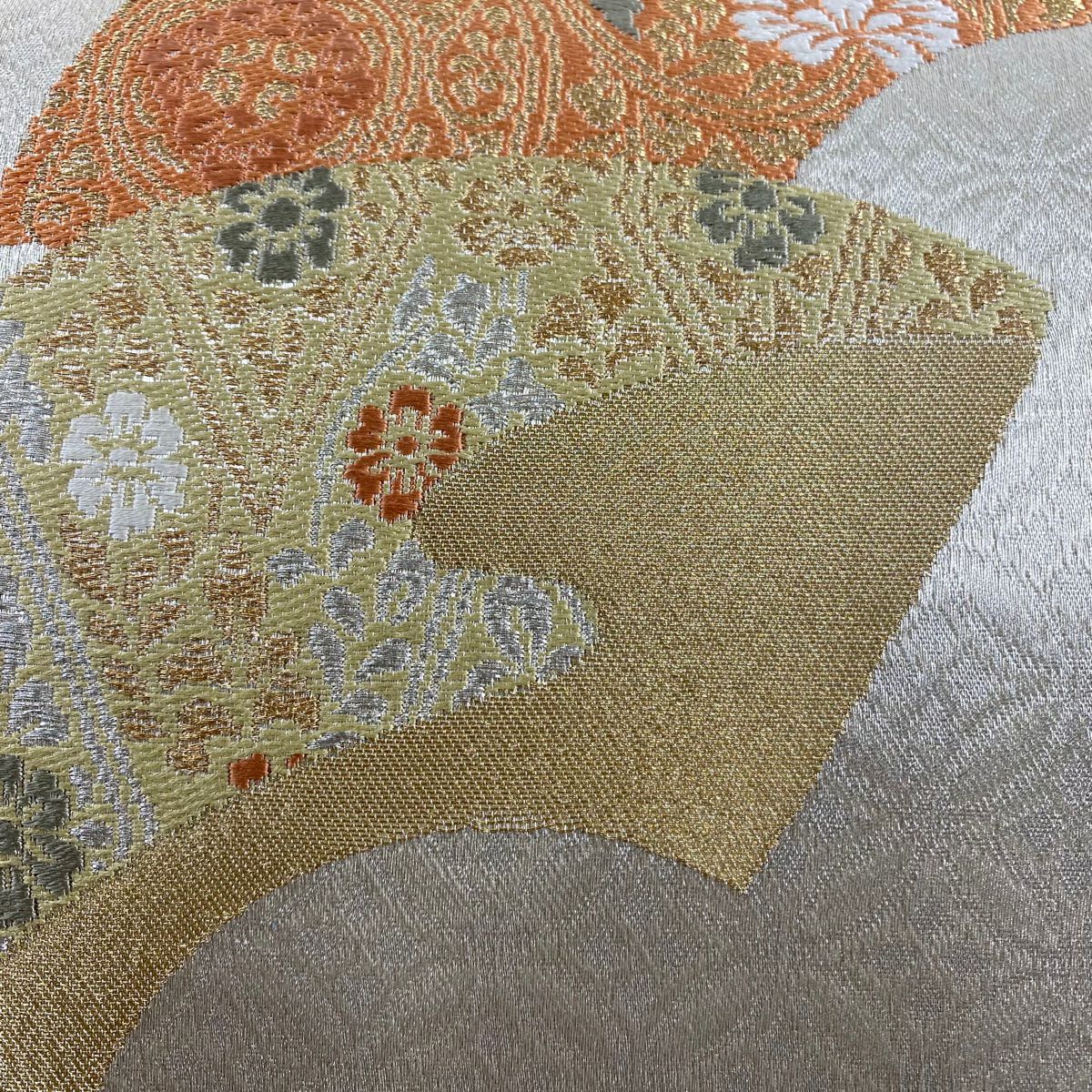 【美品】 袋帶 秀品級 ますいわ屋 扇子面 七寶 金銀絲 銀色 六通 純蠶絲
