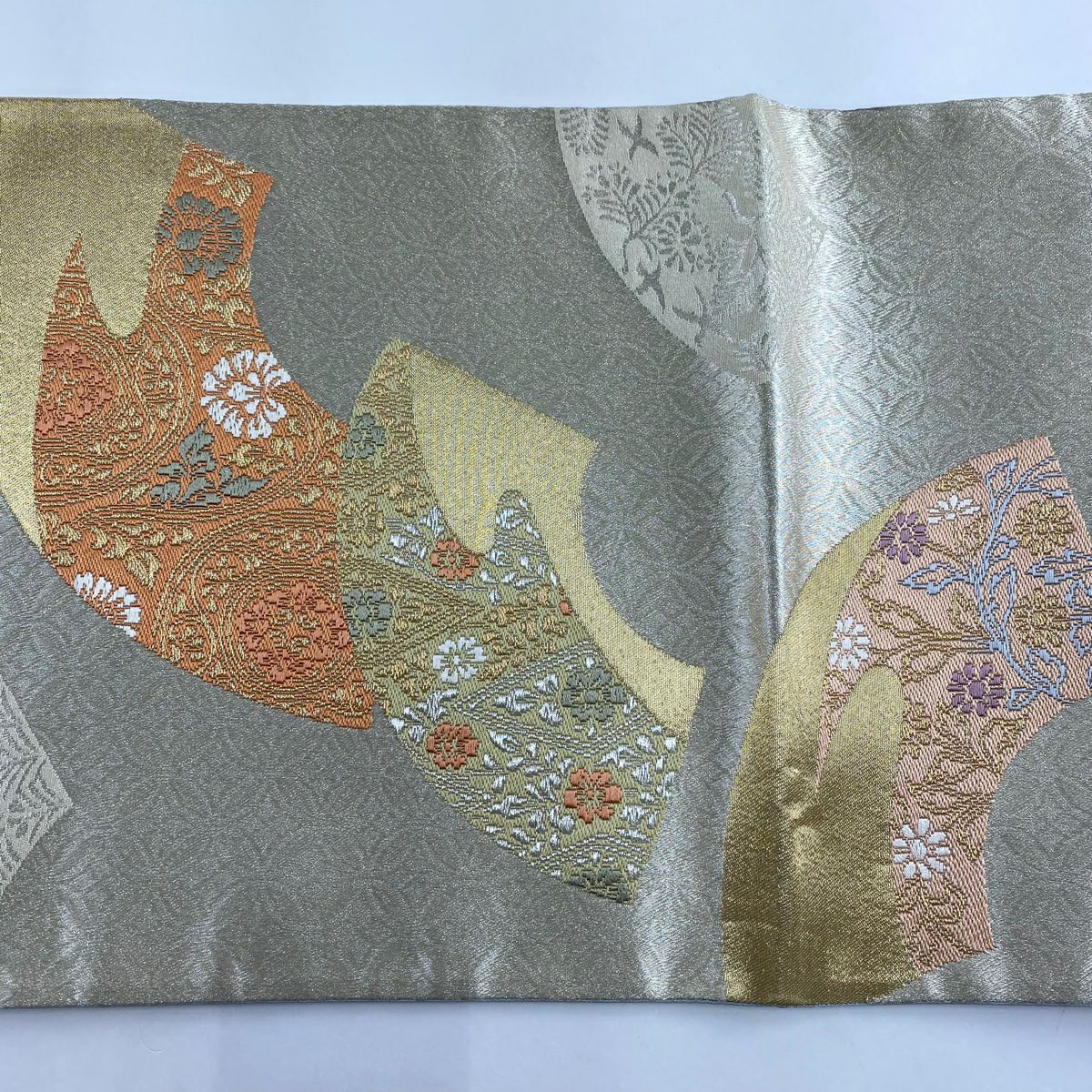 【美品】 袋帶 秀品級 ますいわ屋 扇子面 七寶 金銀絲 銀色 六通 純蠶絲