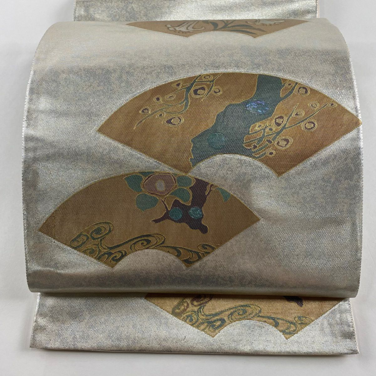 【美品】 袋帶 秀品級 扇子面 枝花 金銀彩 銀 お太鼓圖案 純蠶絲