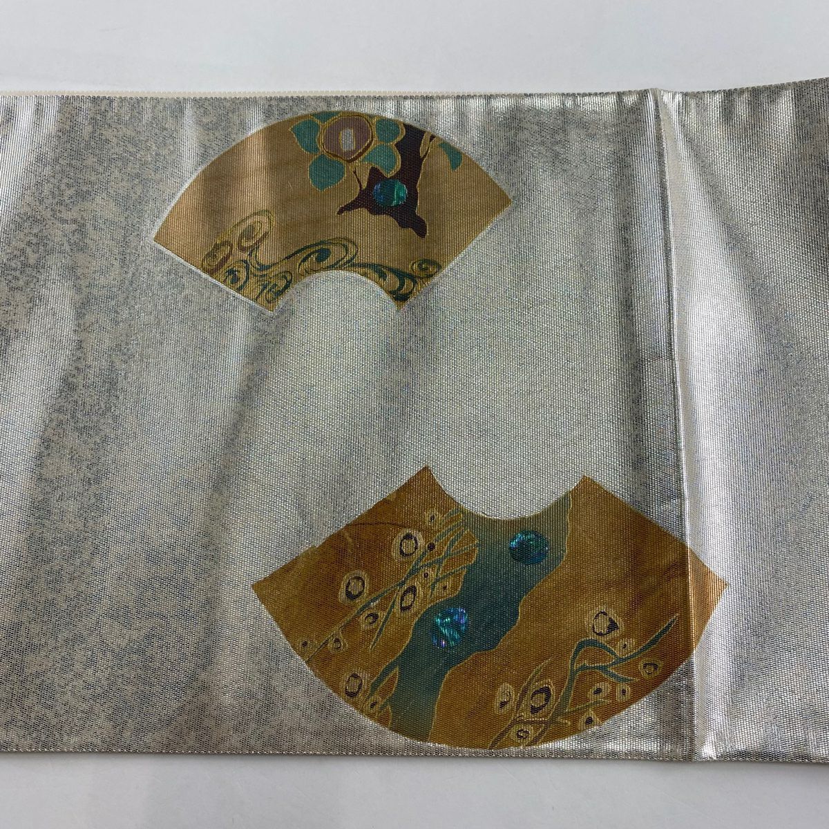 【美品】 袋帶 秀品級 扇子面 枝花 金銀彩 銀 お太鼓圖案 純蠶絲