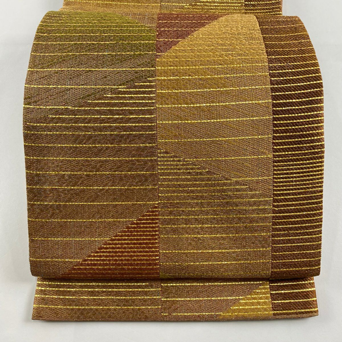 【美品】 袋帶 秀品級 條紋 金金箔 金絲 茶 六通 純蠶絲