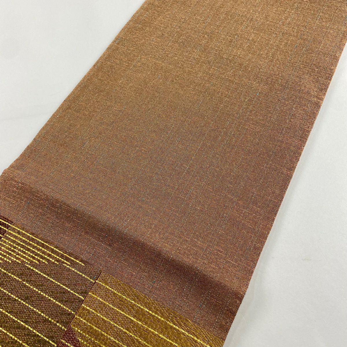【美品】 袋帶 秀品級 條紋 金金箔 金絲 茶 六通 純蠶絲