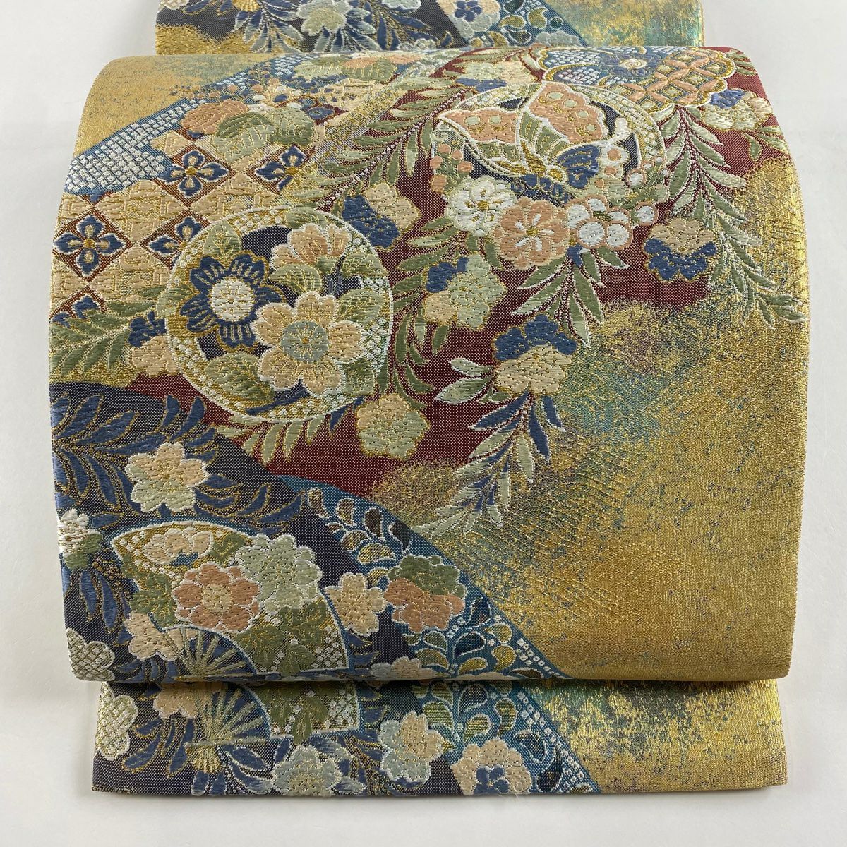 【美品】 袋帶 秀品級 草花紋紋 扇子形 金糸 金金箔 青灰 深藍色 六通 純蠶絲