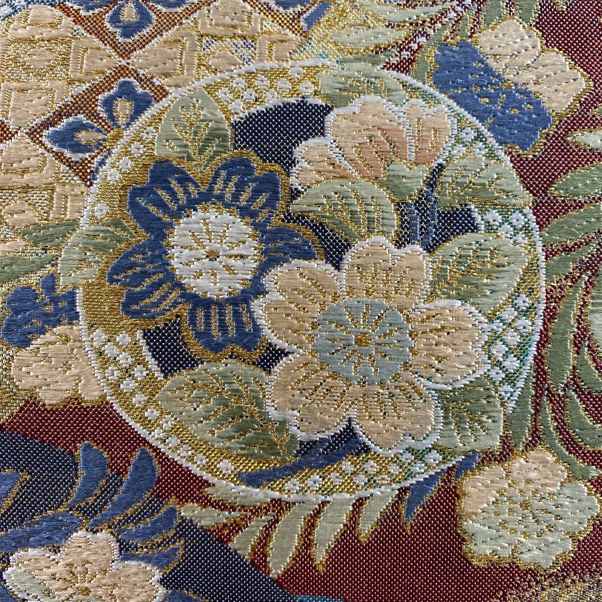 【美品】 袋帶 秀品級 草花紋紋 扇子形 金糸 金金箔 青灰 深藍色 六通 純蠶絲