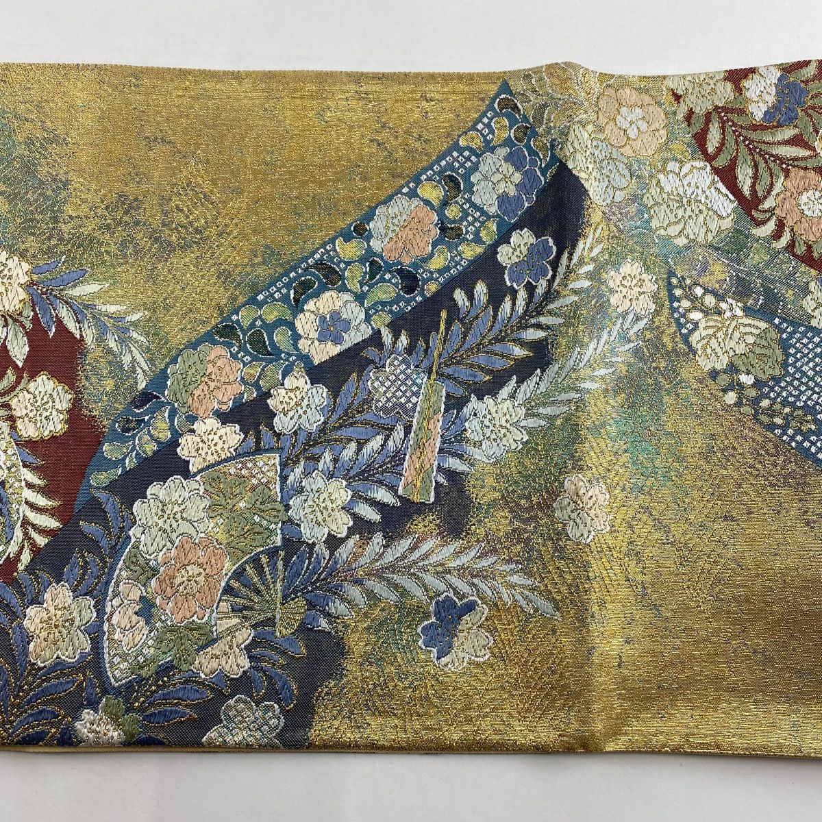 【美品】 袋帶 秀品級 草花紋紋 扇子形 金糸 金金箔 青灰 深藍色 六通 純蠶絲