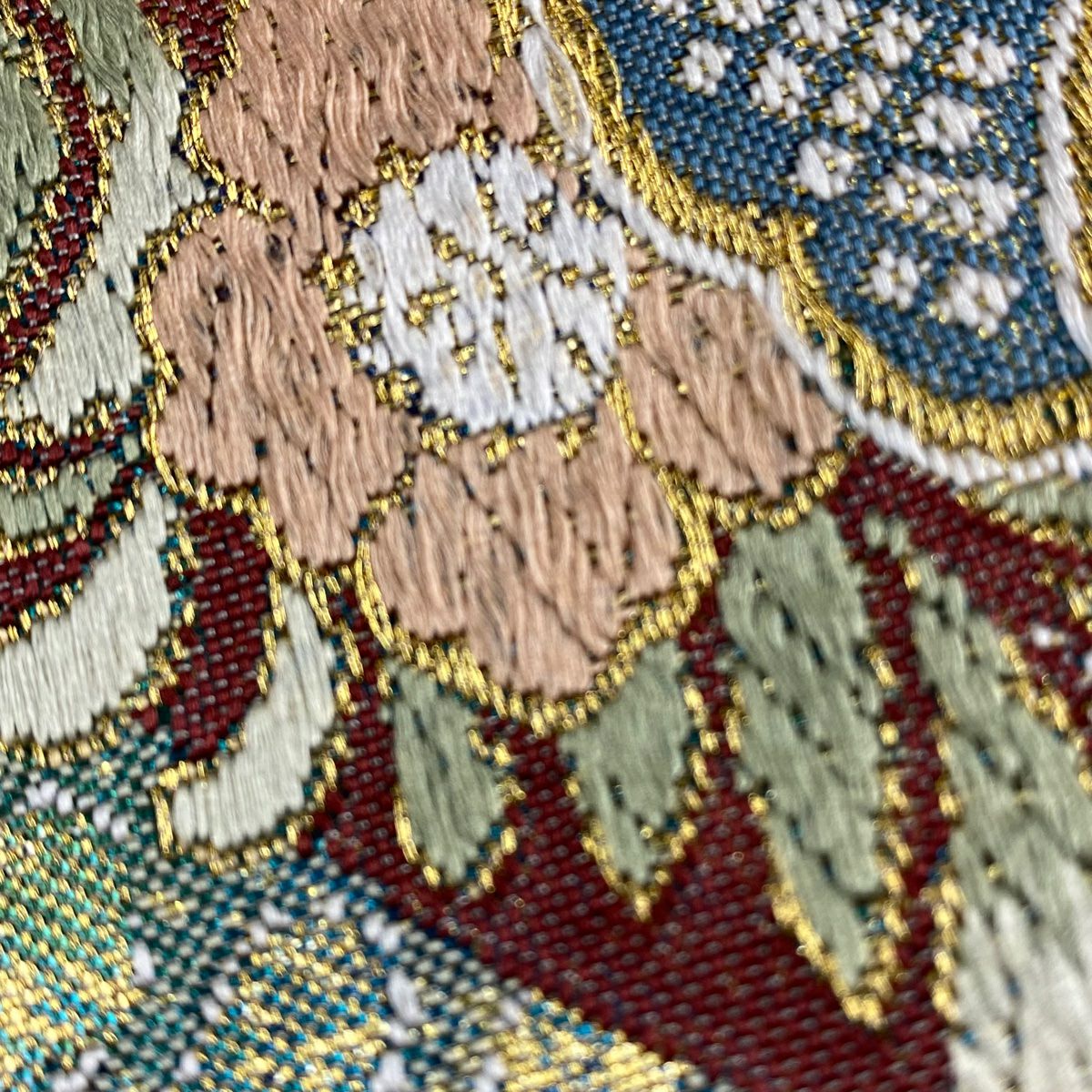 【美品】 袋帶 秀品級 草花紋紋 扇子形 金糸 金金箔 青灰 深藍色 六通 純蠶絲