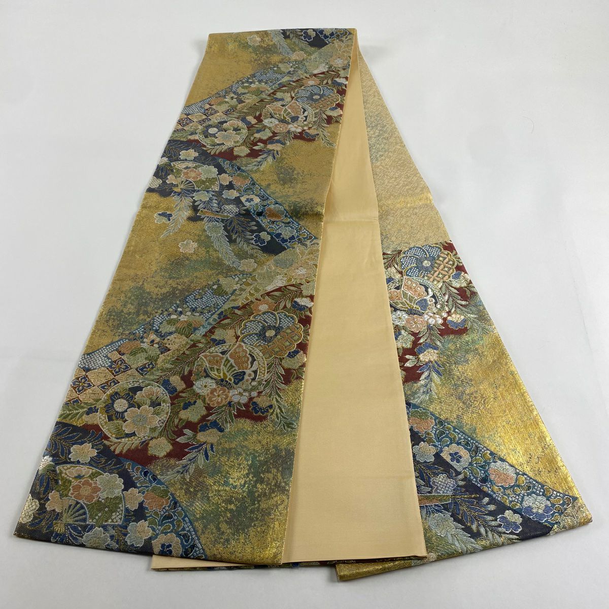 【美品】 袋帶 秀品級 草花紋紋 扇子形 金糸 金金箔 青灰 深藍色 六通 純蠶絲