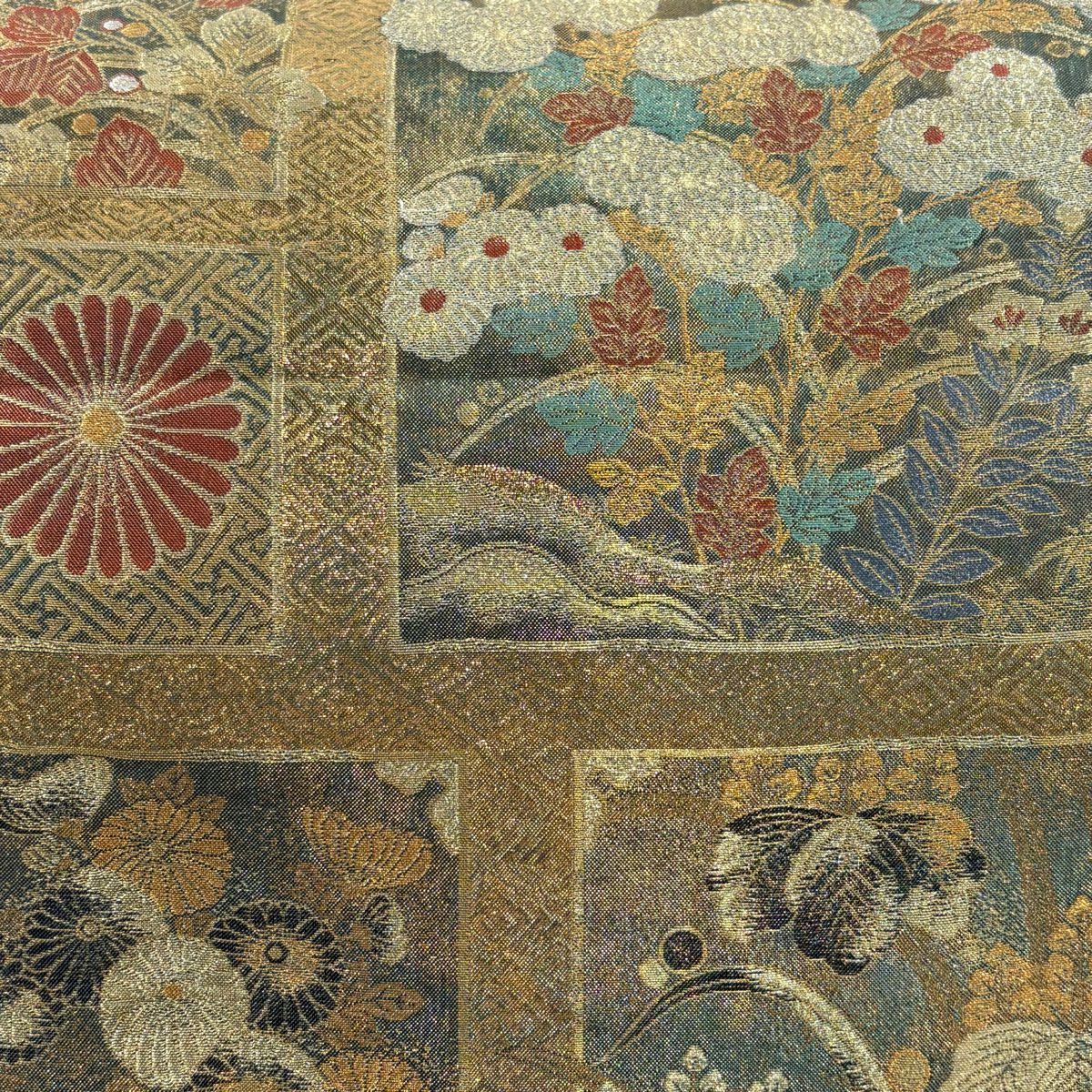 【美品】 袋帶 秀品級 菊花 桐 金金箔 金銀彩 金色 六通 純蠶絲