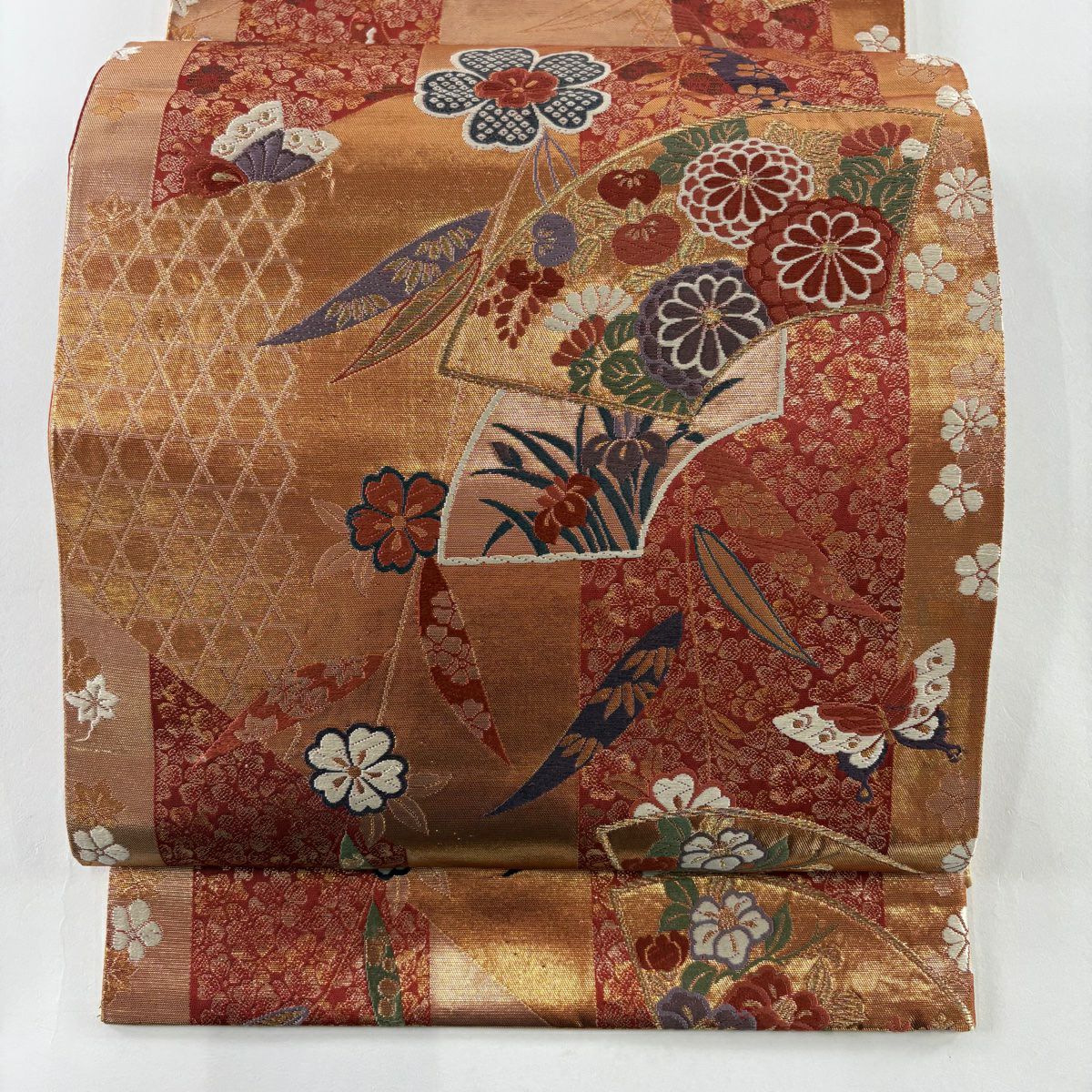 【美品】 袋帶 秀品級 扇子面 櫻花 金金箔 刺繡 紅茶 六通 純蠶絲
