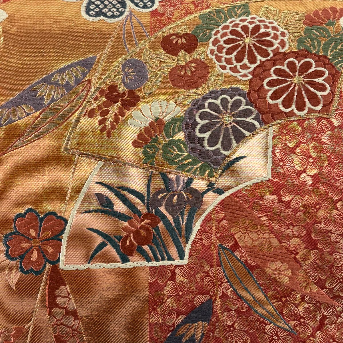 【美品】 袋帶 秀品級 扇子面 櫻花 金金箔 刺繡 紅茶 六通 純蠶絲