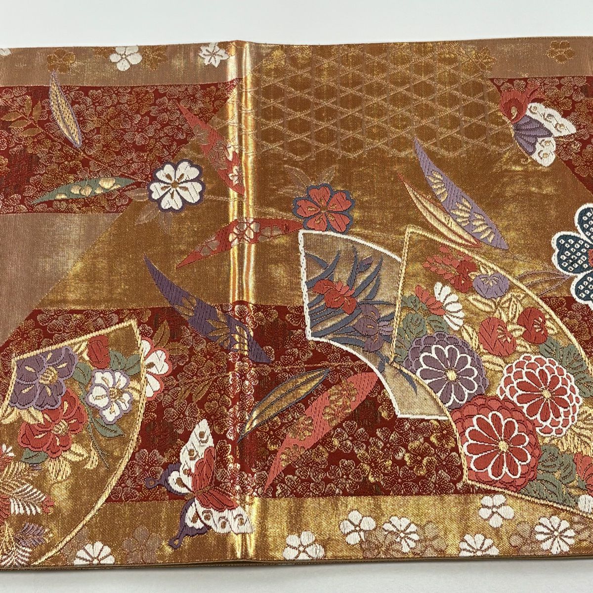 【美品】 袋帶 秀品級 扇子面 櫻花 金金箔 刺繡 紅茶 六通 純蠶絲