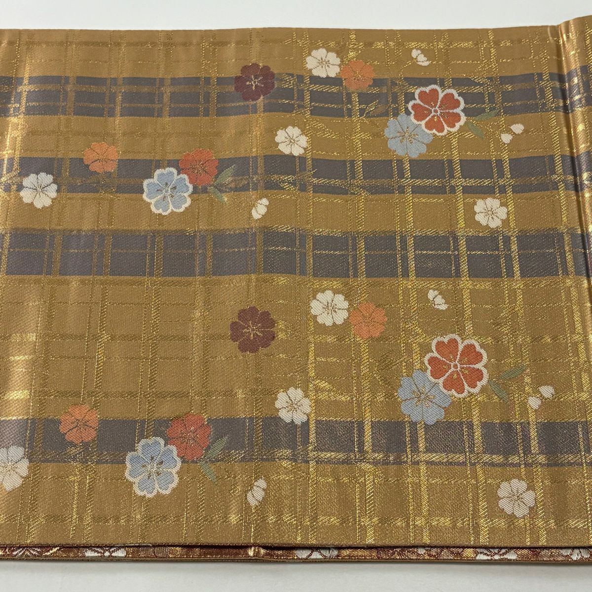 【美品】 袋帶 秀品級 扇子面 櫻花 金金箔 刺繡 紅茶 六通 純蠶絲