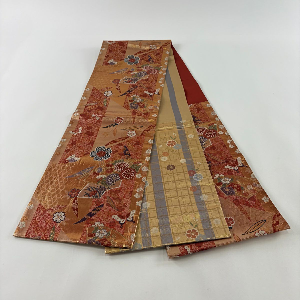 【美品】 袋帶 秀品級 扇子面 櫻花 金金箔 刺繡 紅茶 六通 純蠶絲