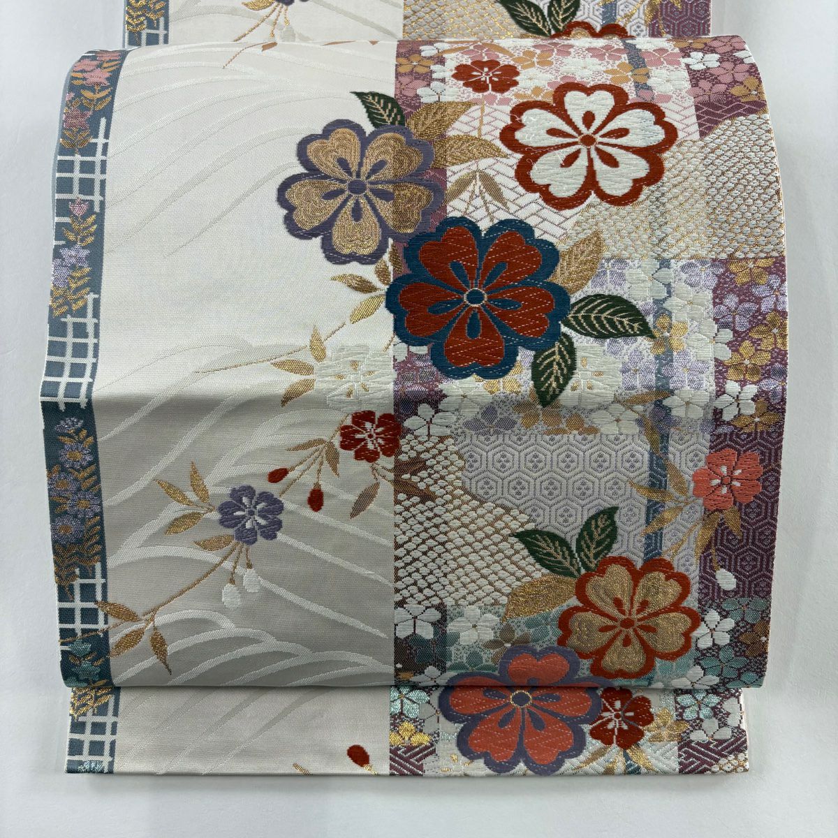 袋帶 秀品級 樱花 波紋 金金箔 奶油色 六通 純蠶絲