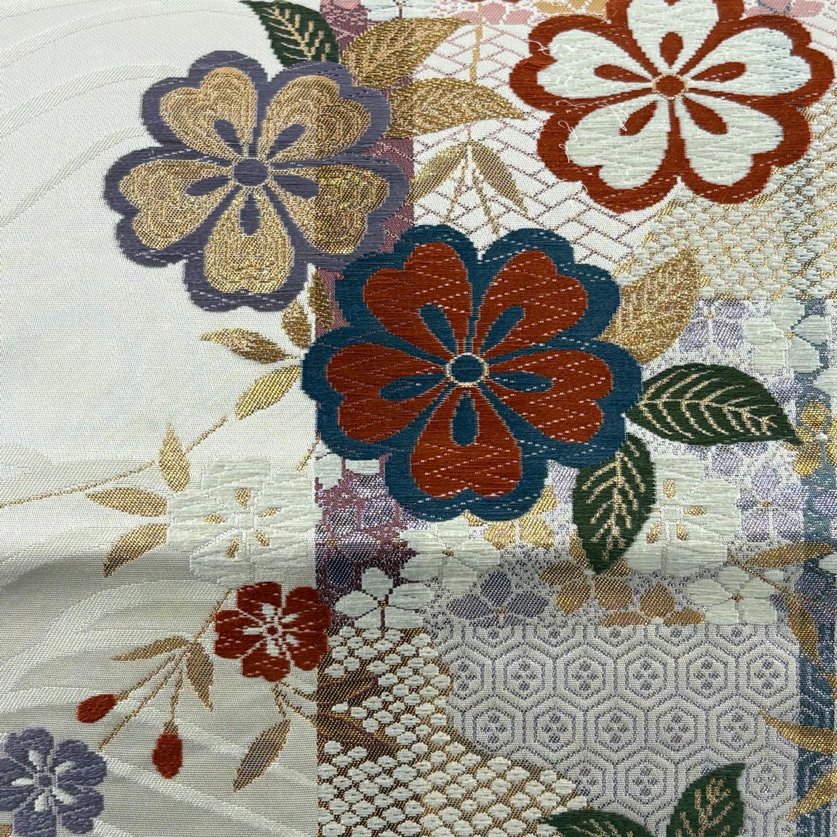 袋帶 秀品級 樱花 波紋 金金箔 奶油色 六通 純蠶絲