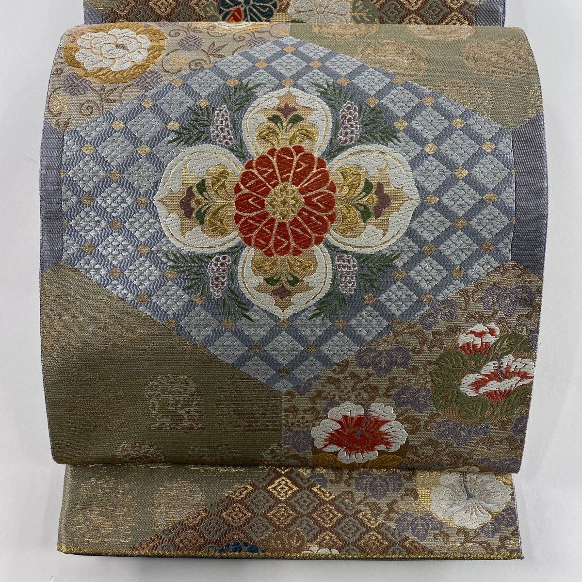 【美品】 袋帶 秀品級 關西仕立 草花紋 紋樣 花菱 金絲 刺繡 青灰 深藍色 六通 純蠶絲