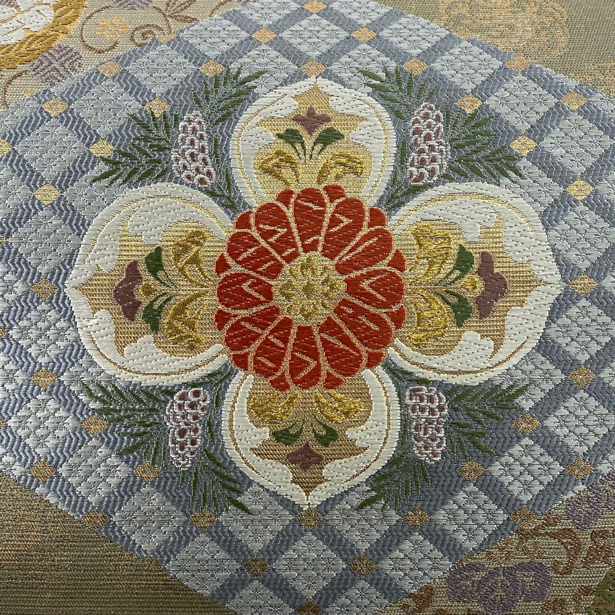 【美品】 袋帶 秀品級 關西仕立 草花紋 紋樣 花菱 金絲 刺繡 青灰 深藍色 六通 純蠶絲
