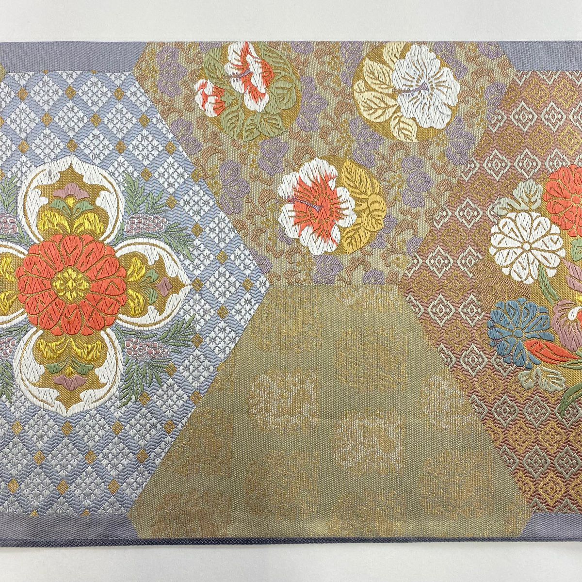 【美品】 袋帶 秀品級 關西仕立 草花紋 紋樣 花菱 金絲 刺繡 青灰 深藍色 六通 純蠶絲