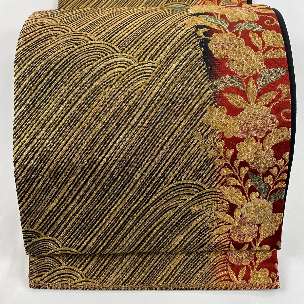 【美品】 袋帶 秀品級 竹子染辻花 流水 金絲 金金箔 金色 六通 純蠶絲