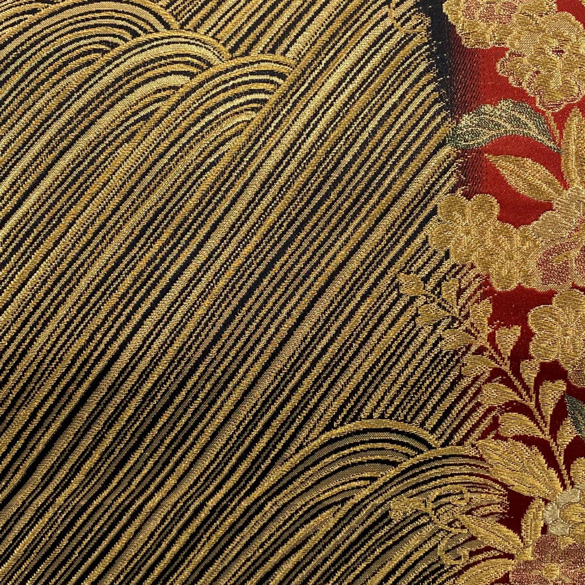 【美品】 袋帶 秀品級 竹子染辻花 流水 金絲 金金箔 金色 六通 純蠶絲