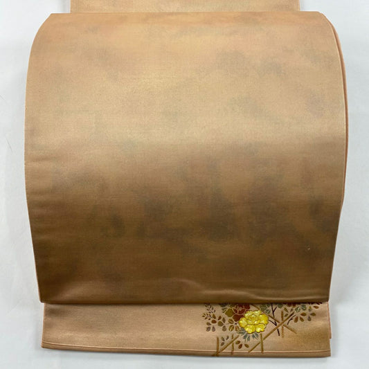 袋帶 秀品級 單點圖案 關西仕立 雜色圖案 草花紋紋 金彩裝飾 螺鈿 淺橙 六通 純蠶絲