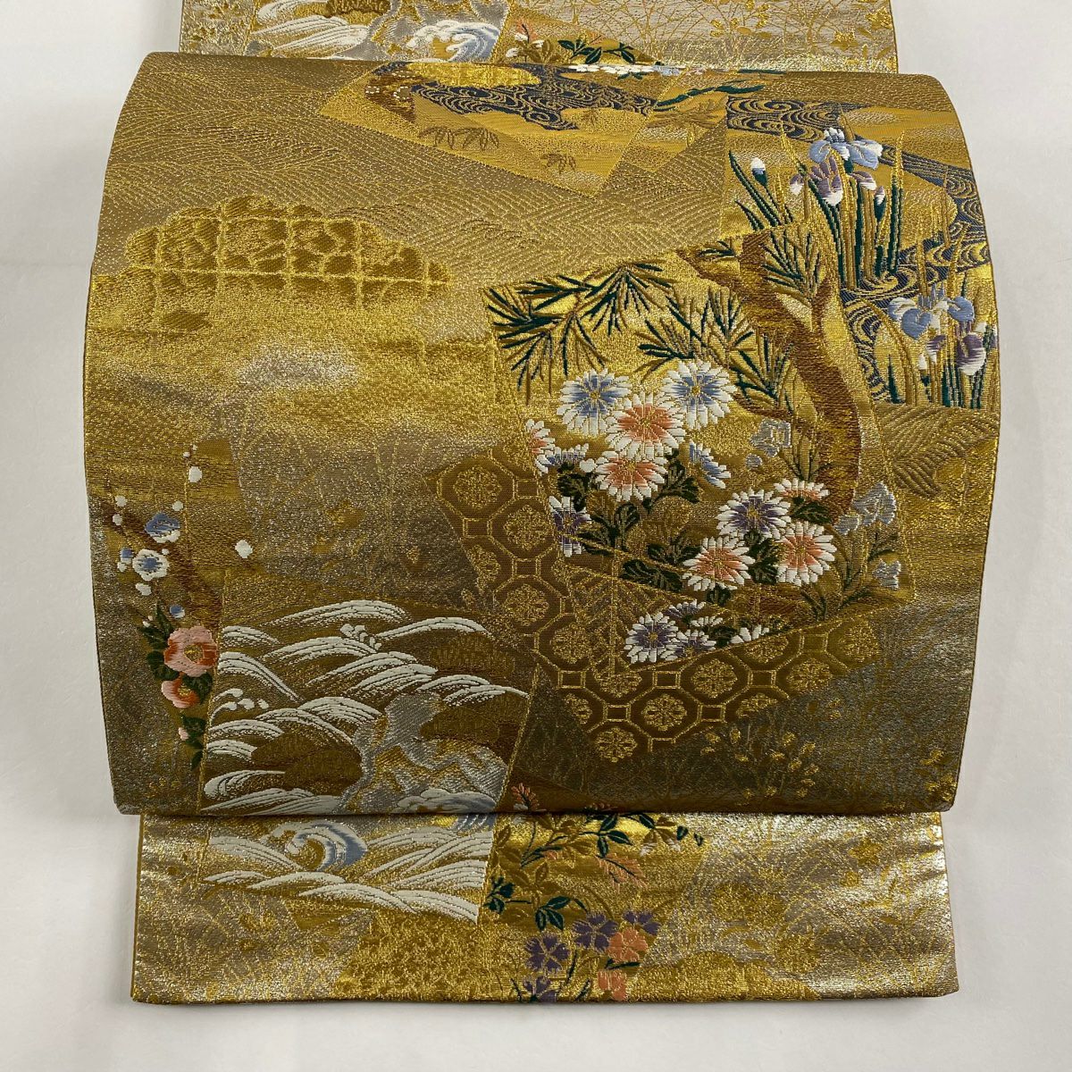 袋帶 秀品級 色紙 四季草花紋 金銀彩 金金箔 金  六通 純蠶絲
