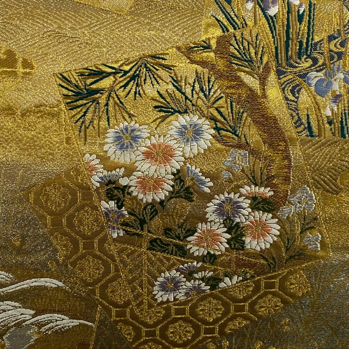 袋帶 秀品級 色紙 四季草花紋 金銀彩 金金箔 金  六通 純蠶絲