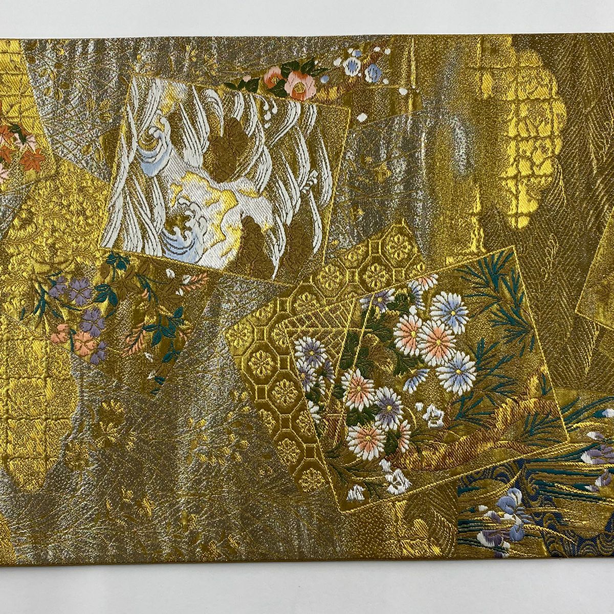 袋帶 秀品級 色紙 四季草花紋 金銀彩 金金箔 金  六通 純蠶絲