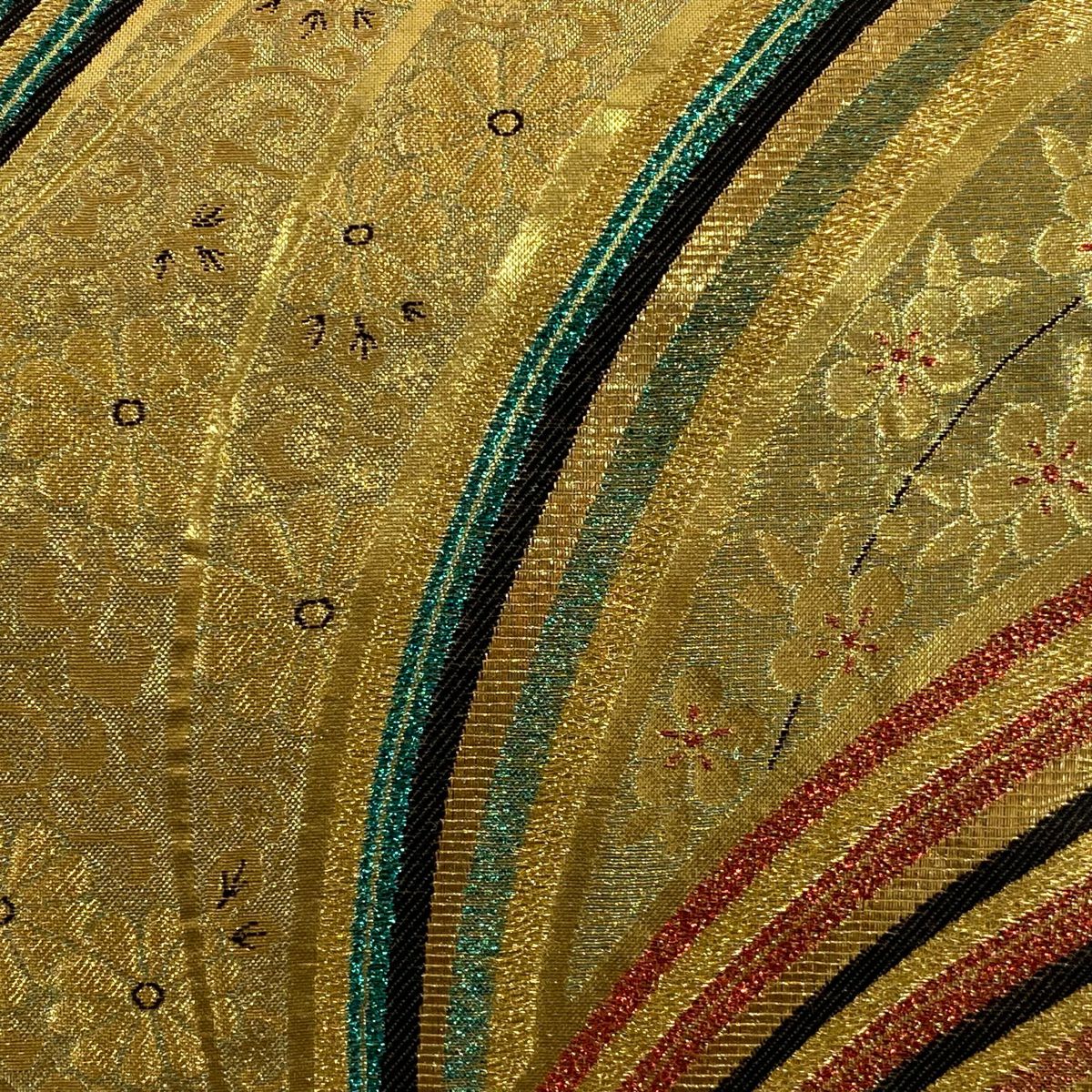 袋帶 秀品級 振袖禮服禮服用 幾何學圖案 草花紋紋 金絲 金金箔 金 六通 純蠶絲