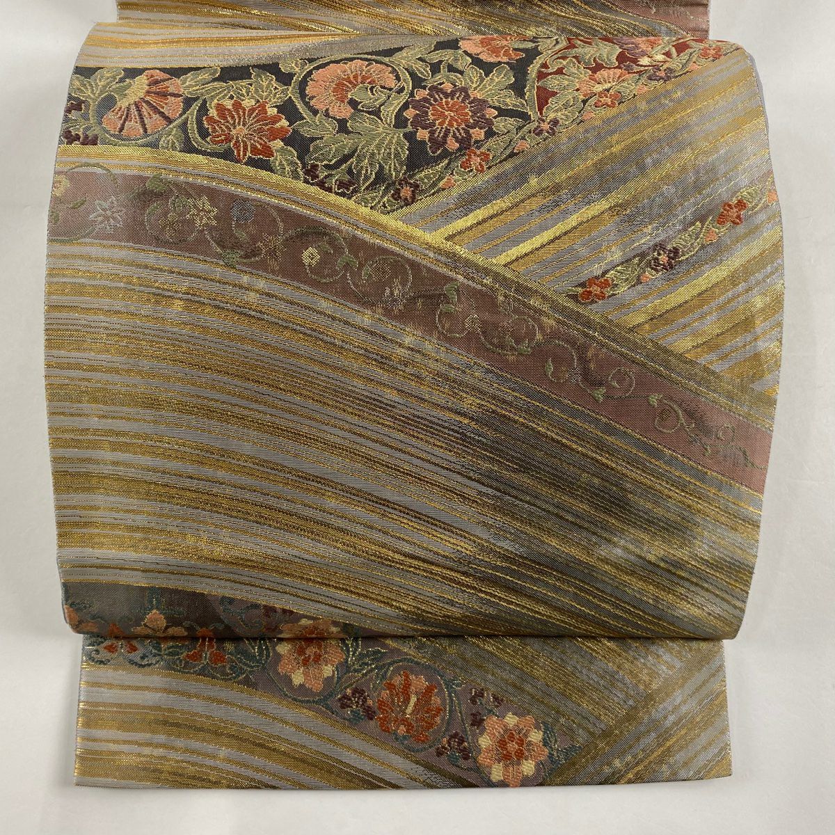 【美品】 袋帶 秀品級 花唐草紋 斜紋 金絲 金金箔 灰紫 六通 純蠶絲