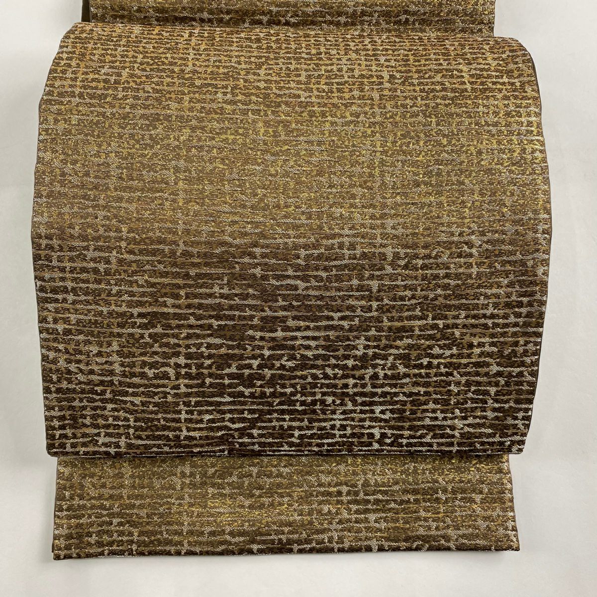【美品】 袋帶 秀品級 幾何圖案 銀線 金金箔 茶 六通 純蠶絲
