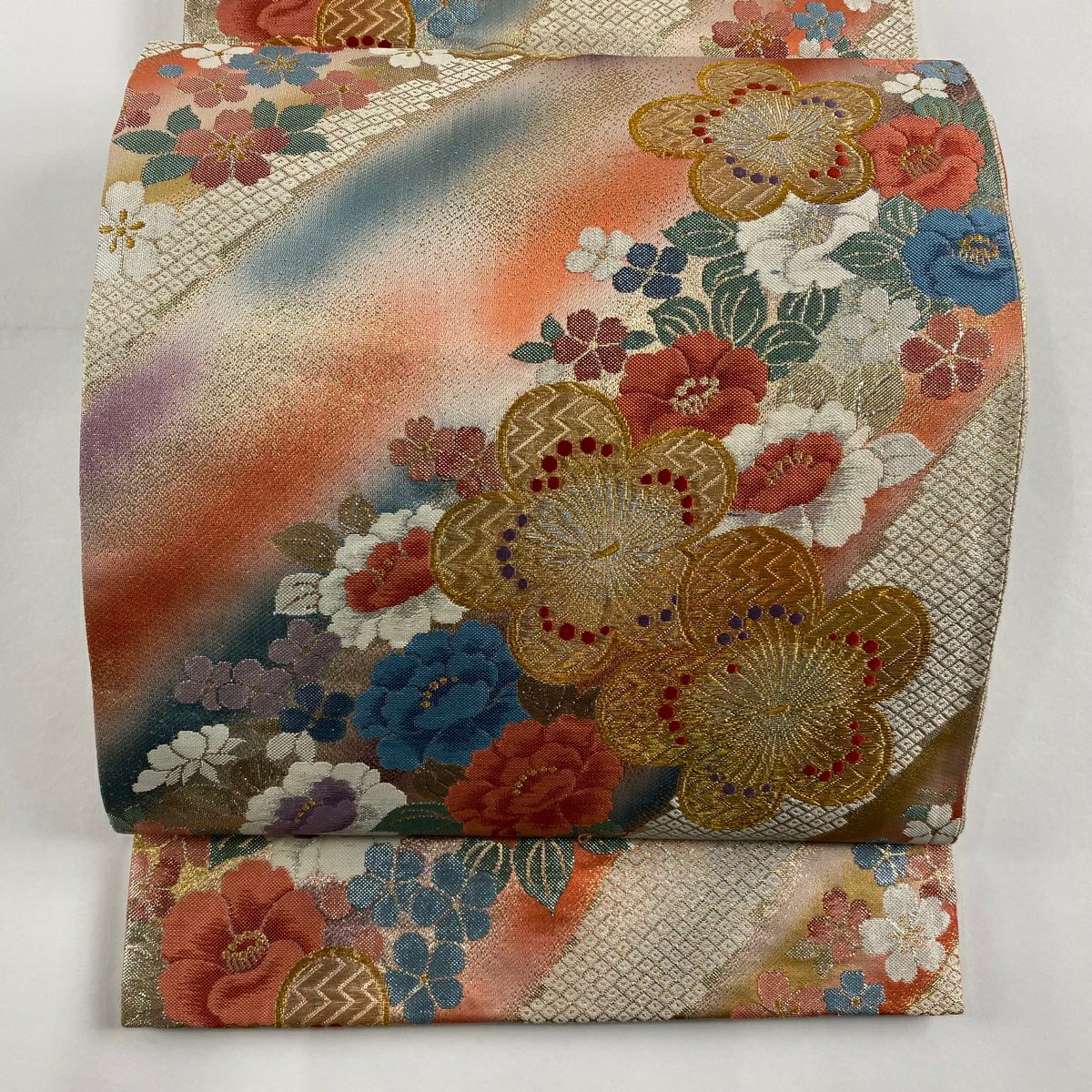 袋帶 秀品級 草花紋紋 斜紋 金絲 金金箔 朱 紅 六通 純蠶絲