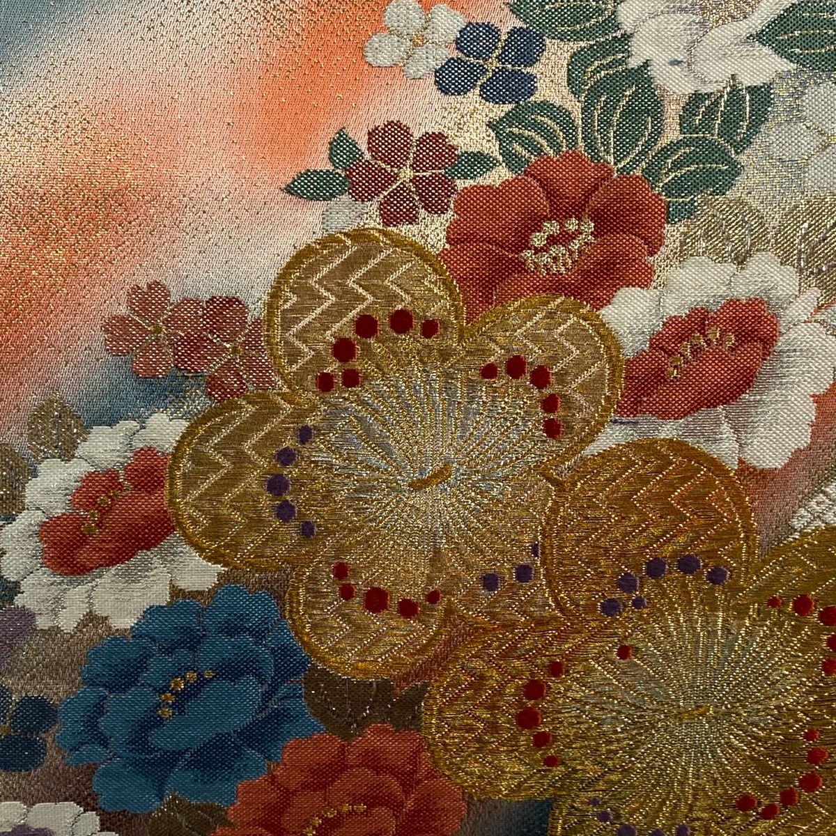 袋帶 秀品級 草花紋紋 斜紋 金絲 金金箔 朱 紅 六通 純蠶絲