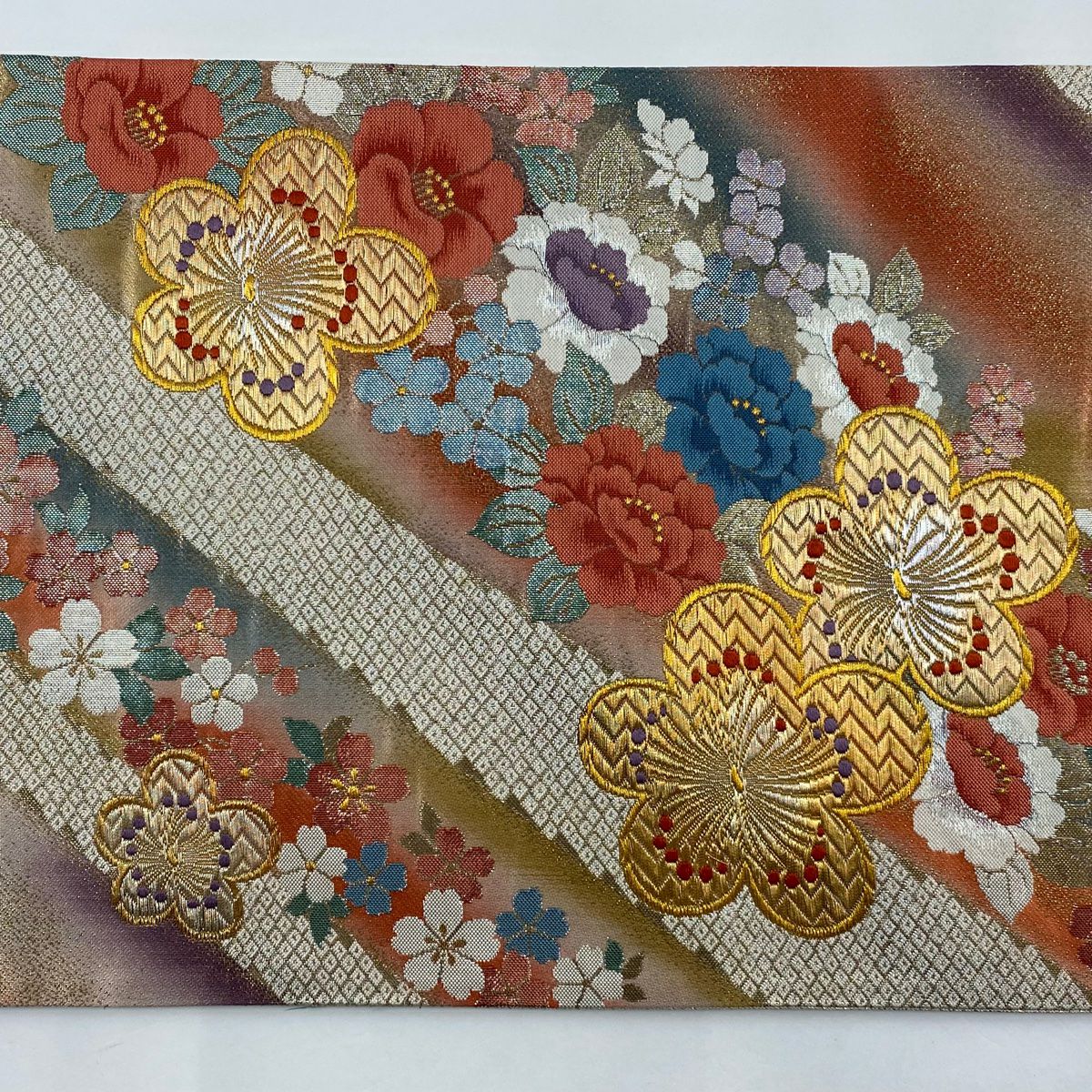 袋帶 秀品級 草花紋紋 斜紋 金絲 金金箔 朱 紅 六通 純蠶絲