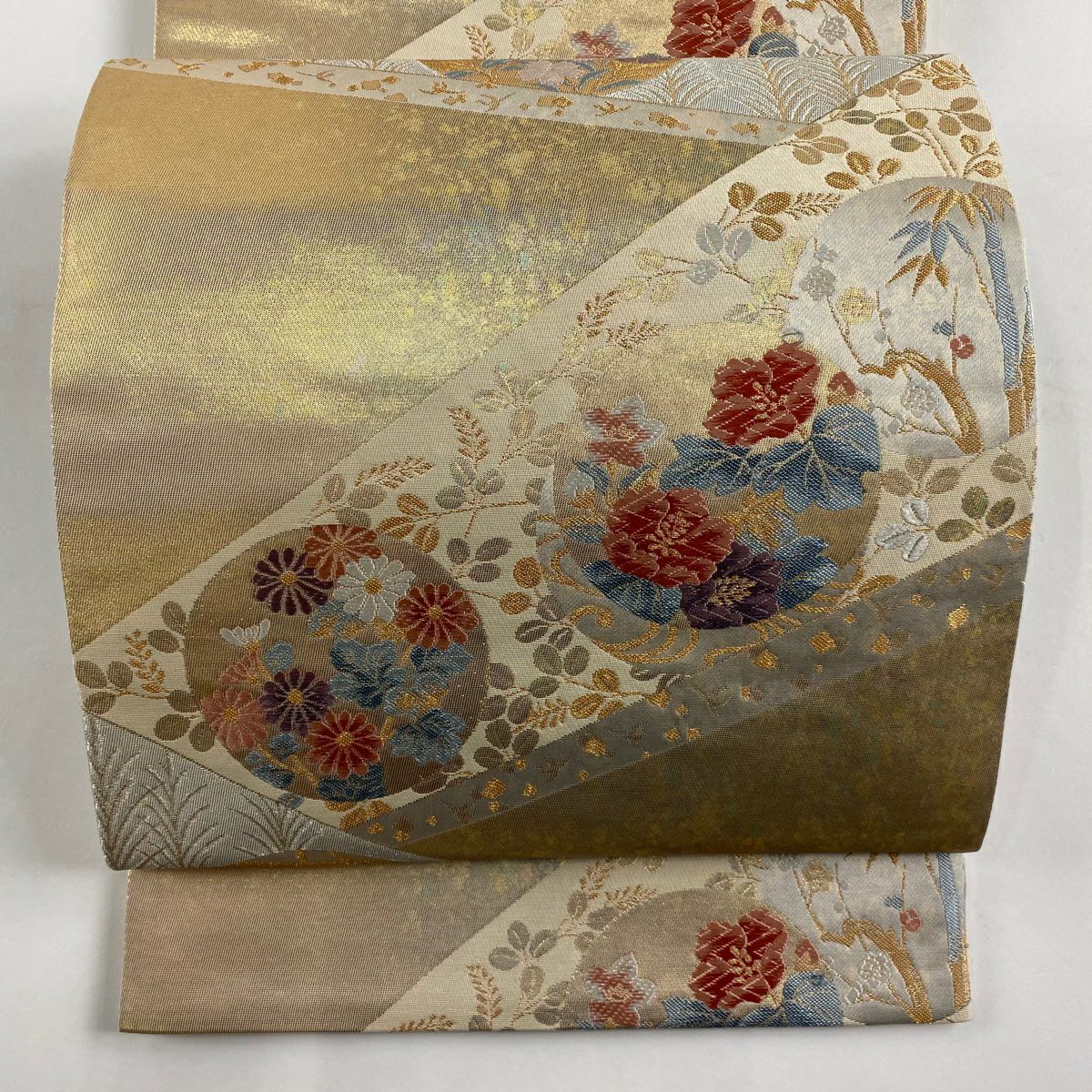 【美品】 袋帶 秀品級 琳派裂取文 金絲 金金箔 金  六通 純蠶絲
