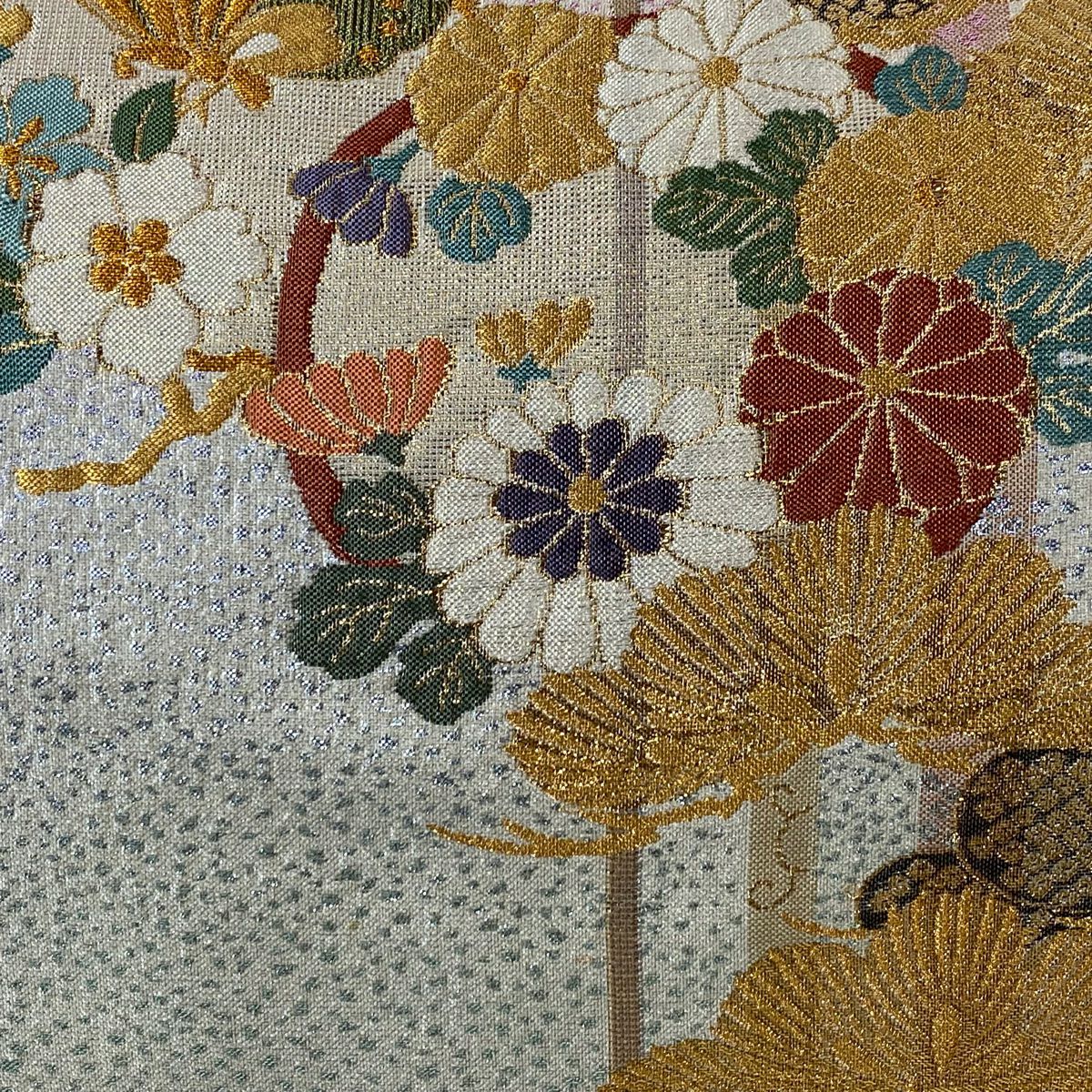 【美品】 袋帶 秀品級 蝶 花丸紋 金絲 金金箔 銀 六通 純蠶絲