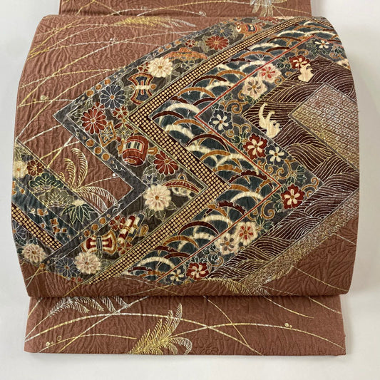 袋帶 秀品級 寶盡くし 雪芝 金銀彩 小豆 深紅色 お太鼓圖案 純蠶絲