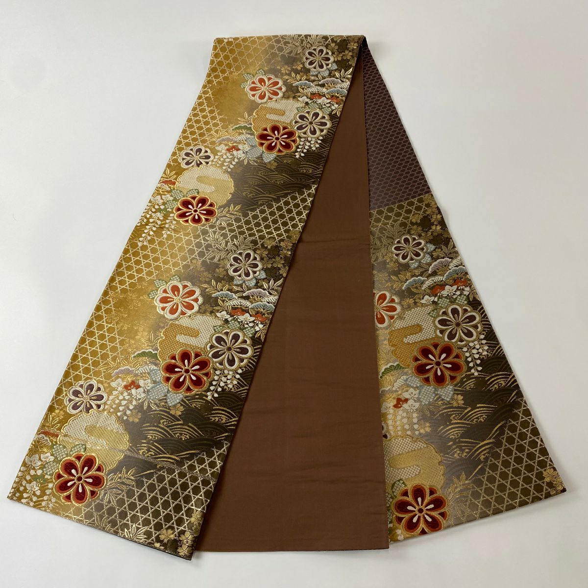 【美品】 袋帶 秀品級 關西仕立 雪輪 草花紋 金糸 金金箔 茶 六通 純蠶絲