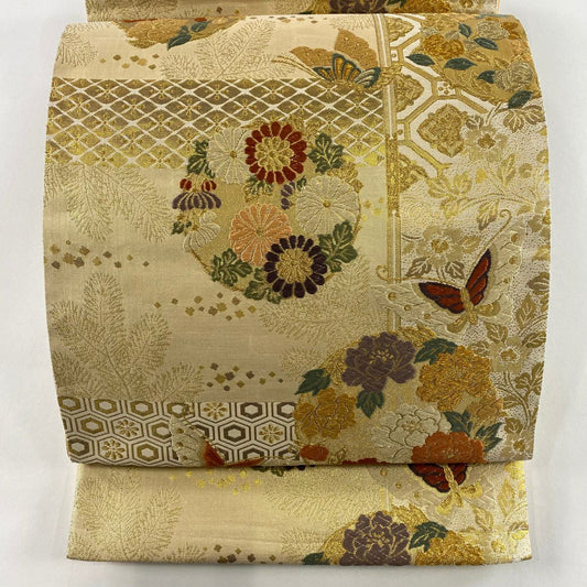 袋帶 秀品級 花丸紋 蝶 唐織 金絲 金 六通 純蠶絲