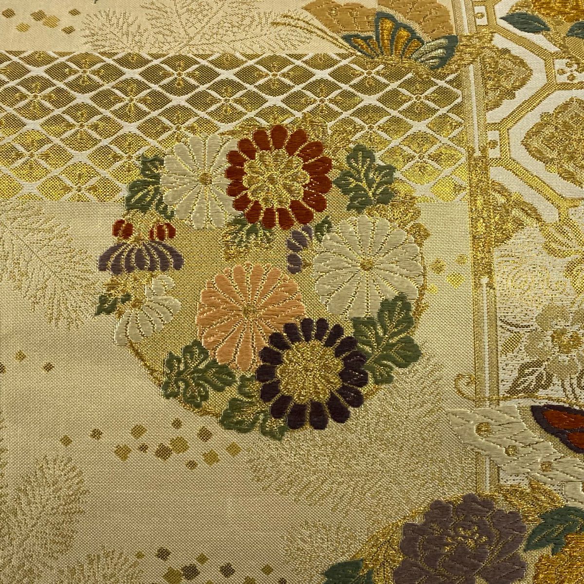 袋帶 秀品級 花丸紋 蝶 唐織 金絲 金 六通 純蠶絲