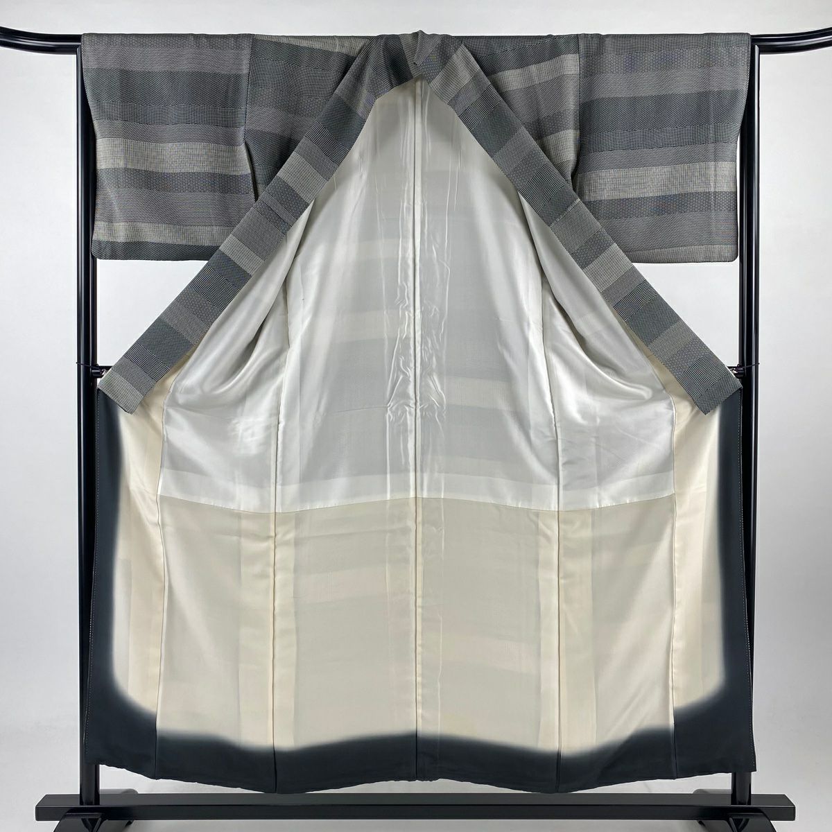小紋 身長154cm 袖長65cm M 雙層 鱗 菱 深藍 純蠶絲 秀品級