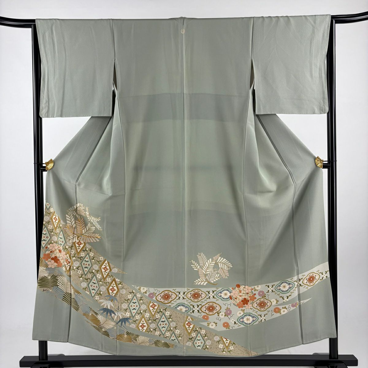 留袖禮服禮服 身長154cm 袖長65cm M 雙層 松樹竹子梅花 菱 金絲 金銀彩 淺綠 純蠶絲 優品級 一個紋