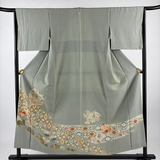 留袖禮服禮服 身長154cm 袖長65cm M 雙層 松樹竹子梅花 菱 金絲 金銀彩 淺綠 純蠶絲 優品級 一個紋