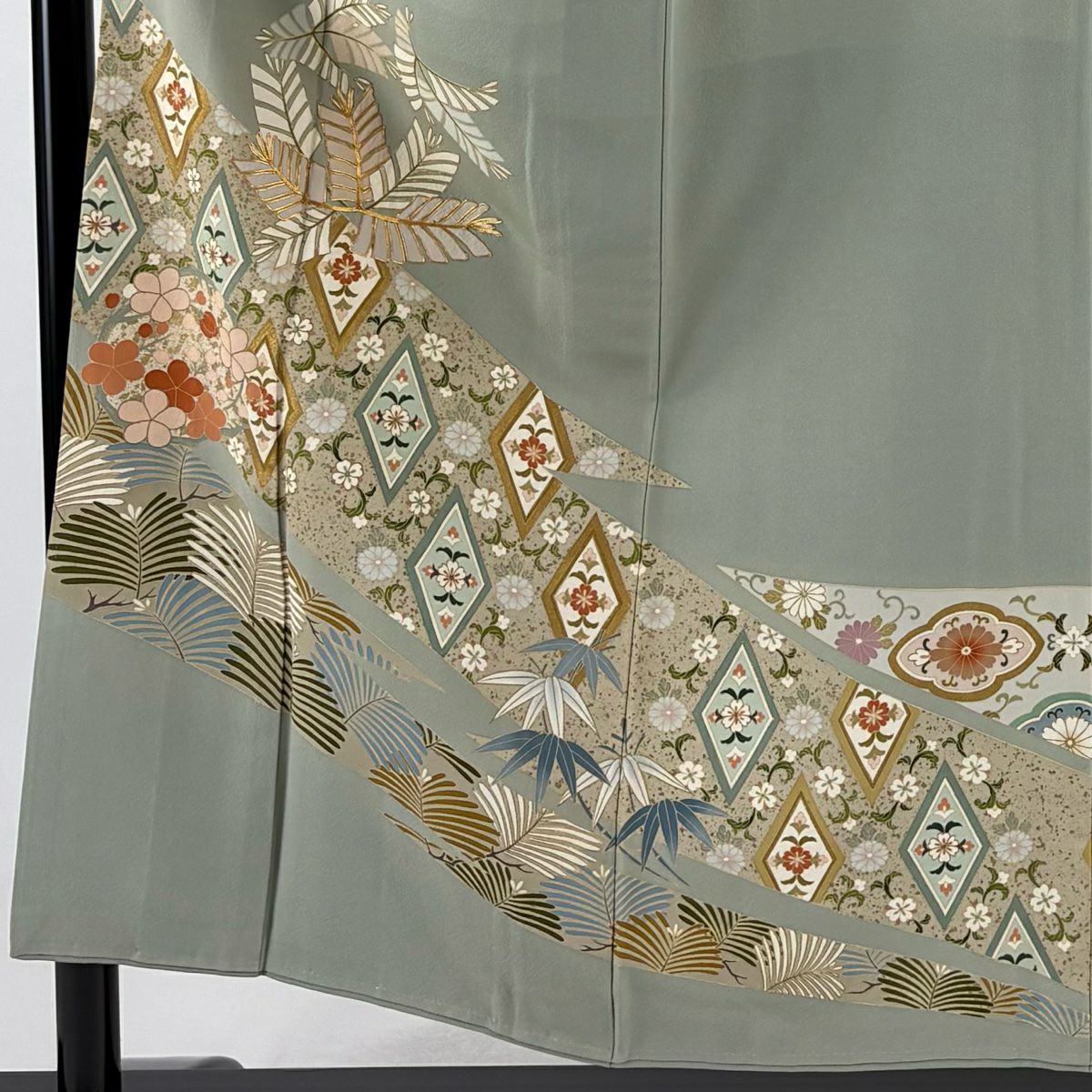 留袖禮服禮服 身長154cm 袖長65cm M 雙層 松樹竹子梅花 菱 金絲 金銀彩 淺綠 純蠶絲 優品級 一個紋