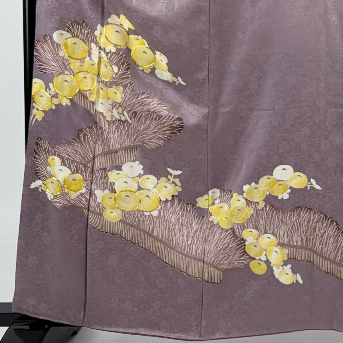 灰紫留袖禮服 身長161.5cm 袖長66cm M 雙層 萬壽菊花 地紋 金絲 金銀彩 純蠶絲 秀品級 一個紋