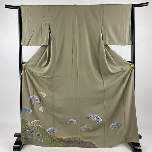 色留袖禮服 身長172cm 袖長63.5cm S 雙層 扇子面 草花紋紋 金銀彩 灰綠 純蠶絲 秀品級 一つ紋