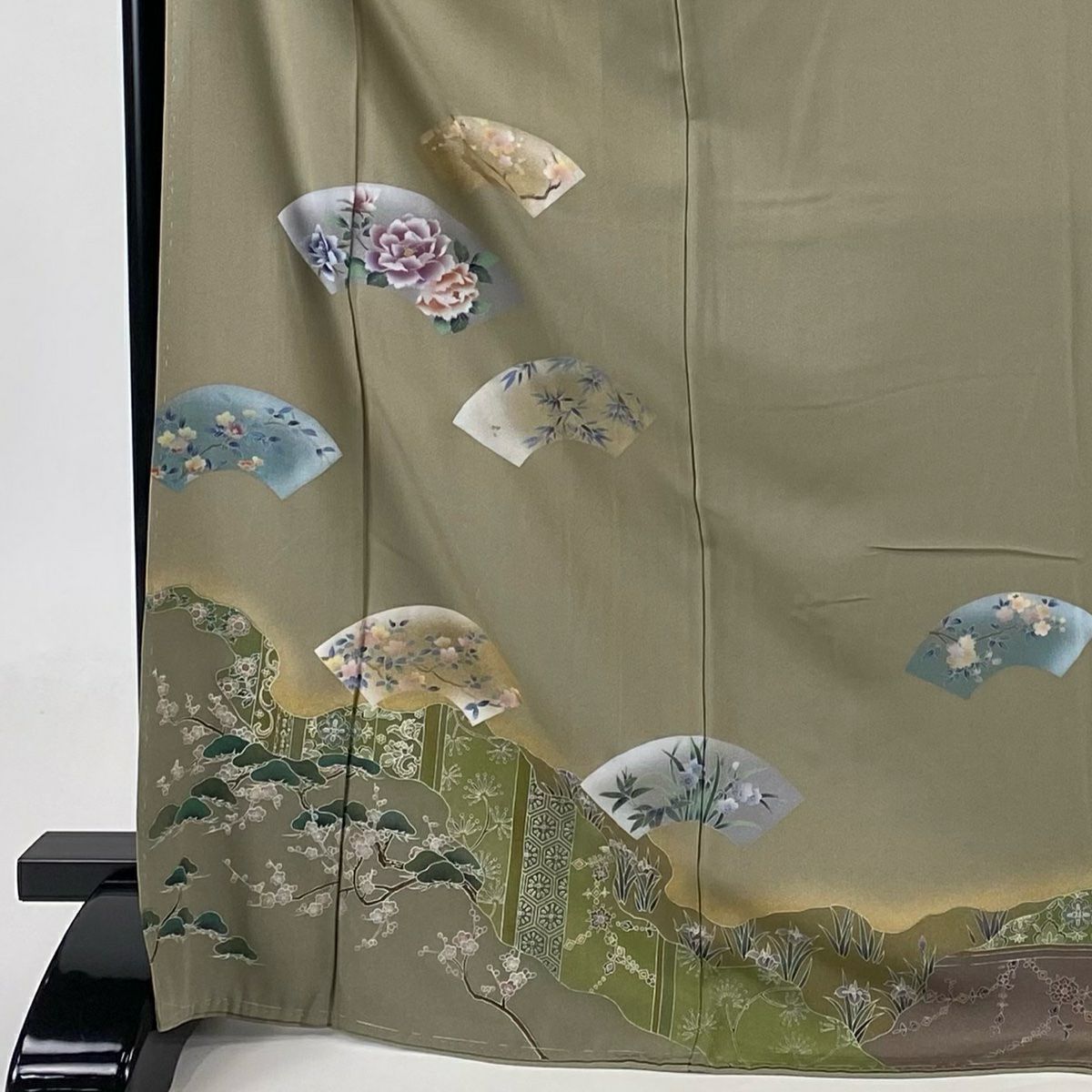 色留袖禮服 身長172cm 袖長63.5cm S 雙層 扇子面 草花紋紋 金銀彩 灰綠 純蠶絲 秀品級 一つ紋